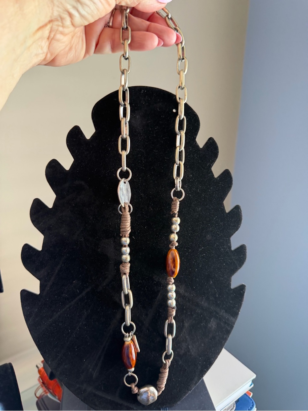 Handcrafted Brown Bead and Silver Link Necklace